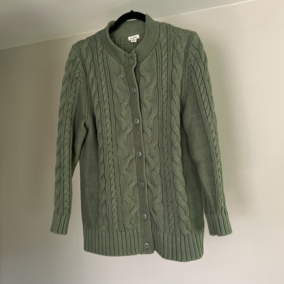 L.L. Bean Double L® Cable Sweater, Button-Front Cardigan - Bay Leaf Green - Picture 2 of 7